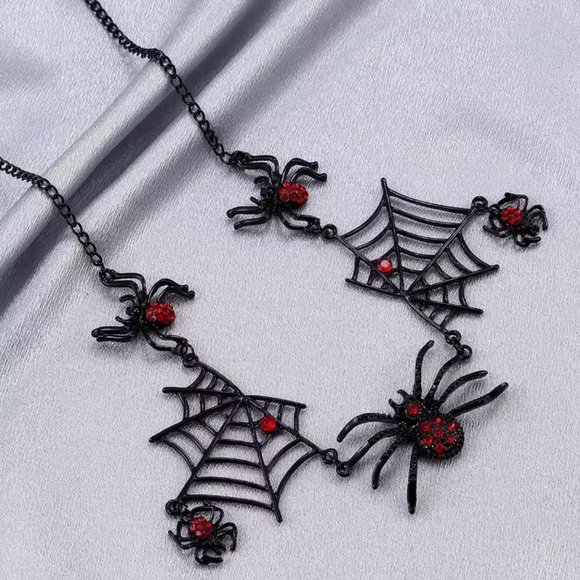 Halloween gothic party Black Spider Web Necklace with Red Accents - Picture 11 of 11